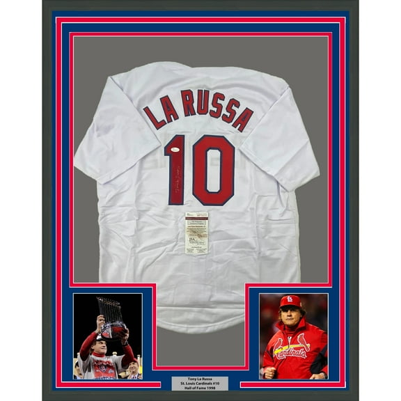 Framed Autographed/Signed Tony La Russa 35x39 St. Louis White Baseball Jersey JSA COA
