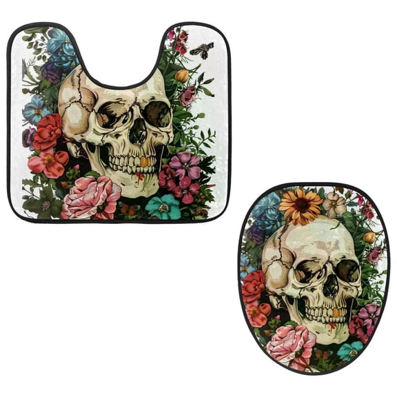 PhooArto Toilet Lid Cover and U-Shaped Toilet Floor Mat Set of 2 Pieces, Vintage Sugar Skull Flowers Toilet Mat Set, Machine Washable Seat Covers Non-Slip Absorbent Rugs