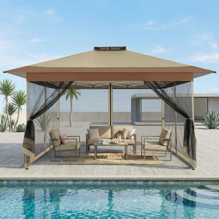 HOTEEL 10x15ft Pop-Up Gazebo Outdoor Canopy Tent with Adjustable Height, UV 50+ Sun Protection & Removable Mosquito Net - Waterproof Instant Shelter, Khaki