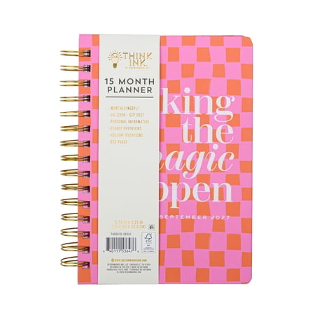 Think Ink 15 Month Weekly 5.75" x 8.25" Pink Checkered July 2026 - Sept 2027 Twin Wire Tabbed Planner