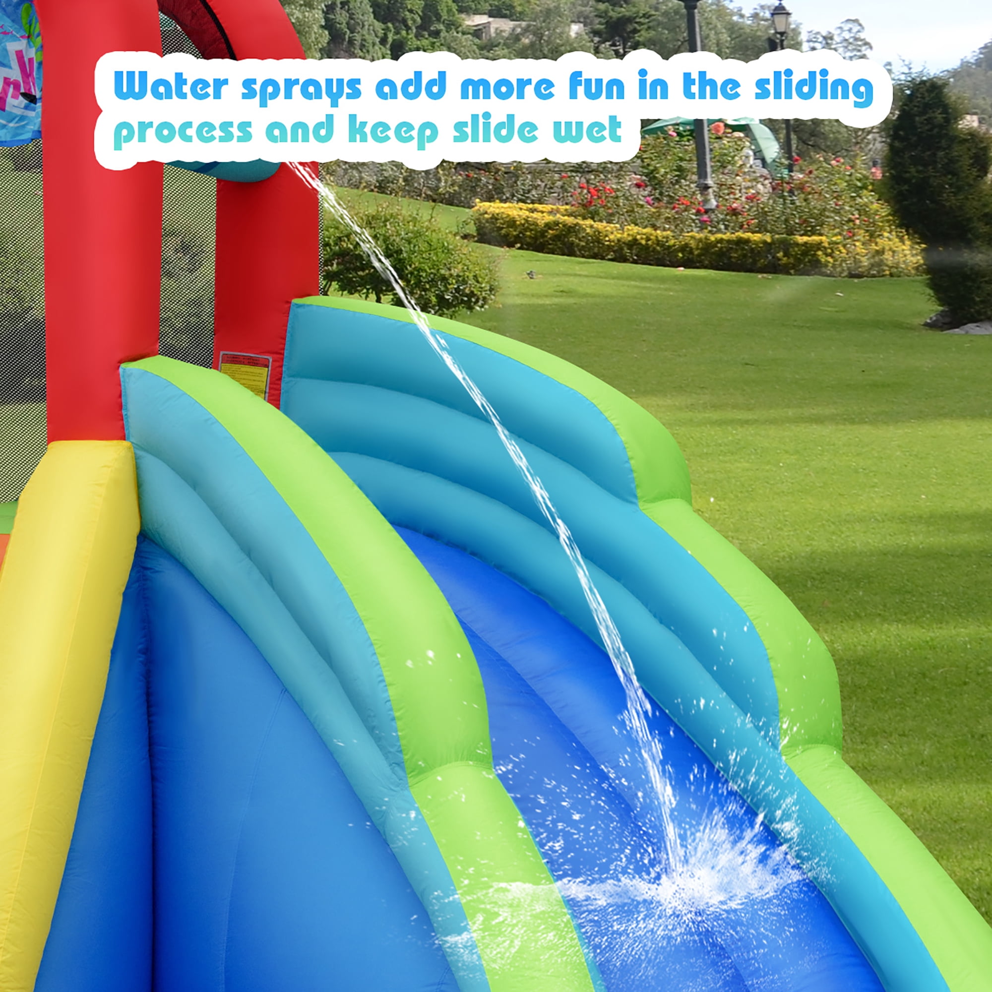 Costway Inflatable Bounce House Kids Water Splash Pool Dual Slides Climbing Wall without Blower