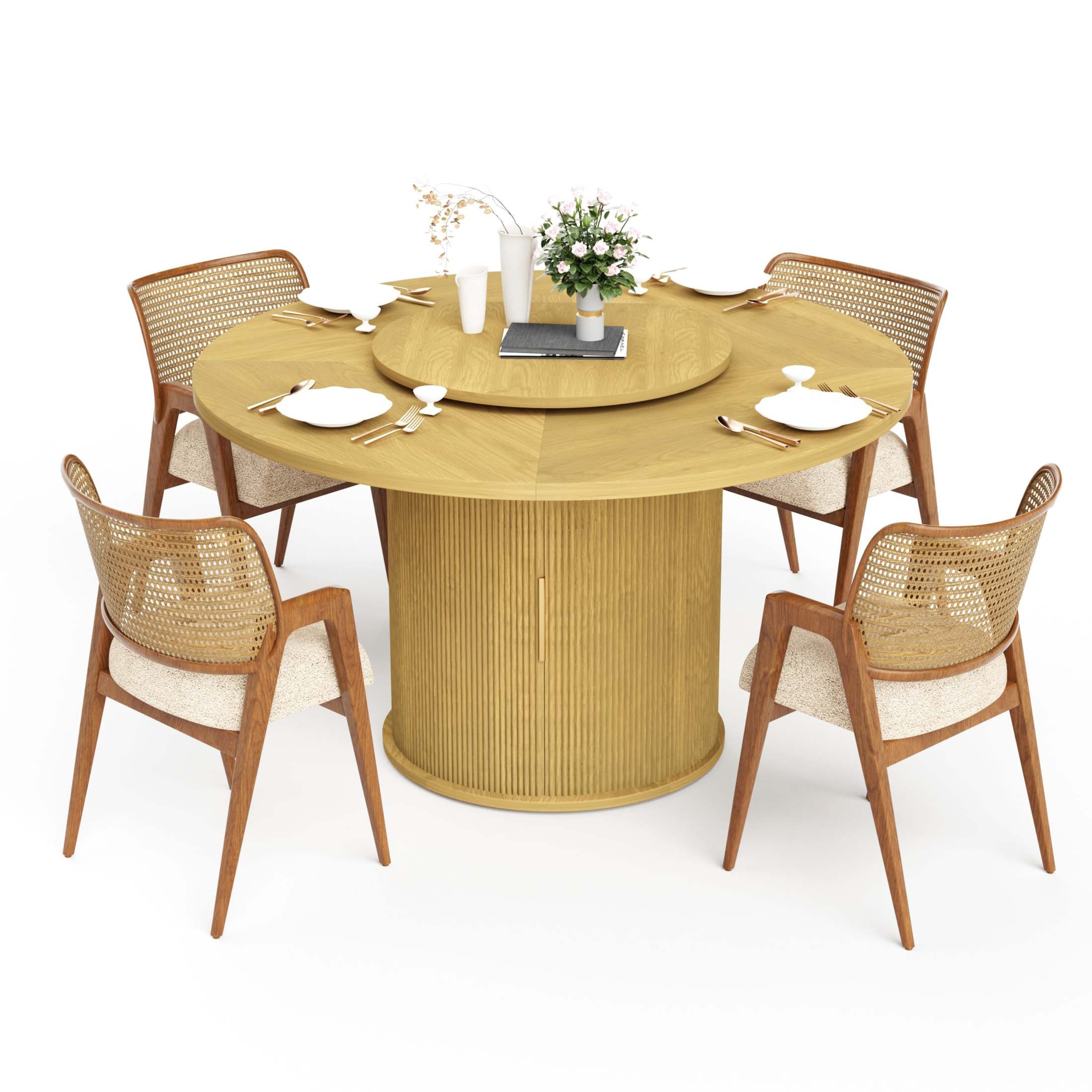 Noble House 55" Round Dining Table for 6, Double-Tier Storage, Rotating Tray, Wavy Sliding Doors, Walnut