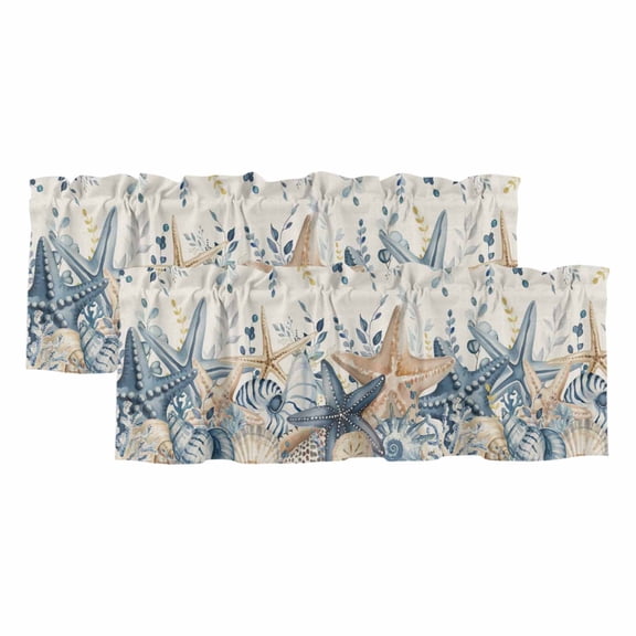 2 Pack Valances for Window, Blue Eucalyptus Coastal Short Curtains for Kitchen Bedroom Living Room, Beach Starfish Shell Nautical Rustic Rod Pocket Small Window Treatment Valance Drapes 54 x 18 Inch