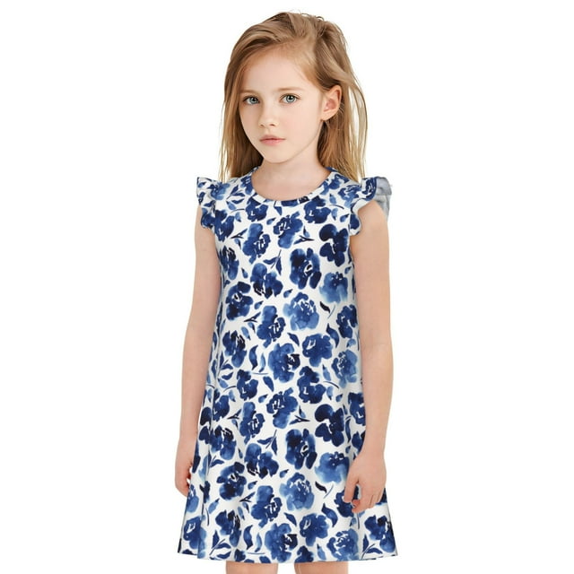 Balery Blue Ink Flowers Camisón de princesa para niñas, pijama de algodón con mangas abullonadas, suave y bonito.-XX-Large