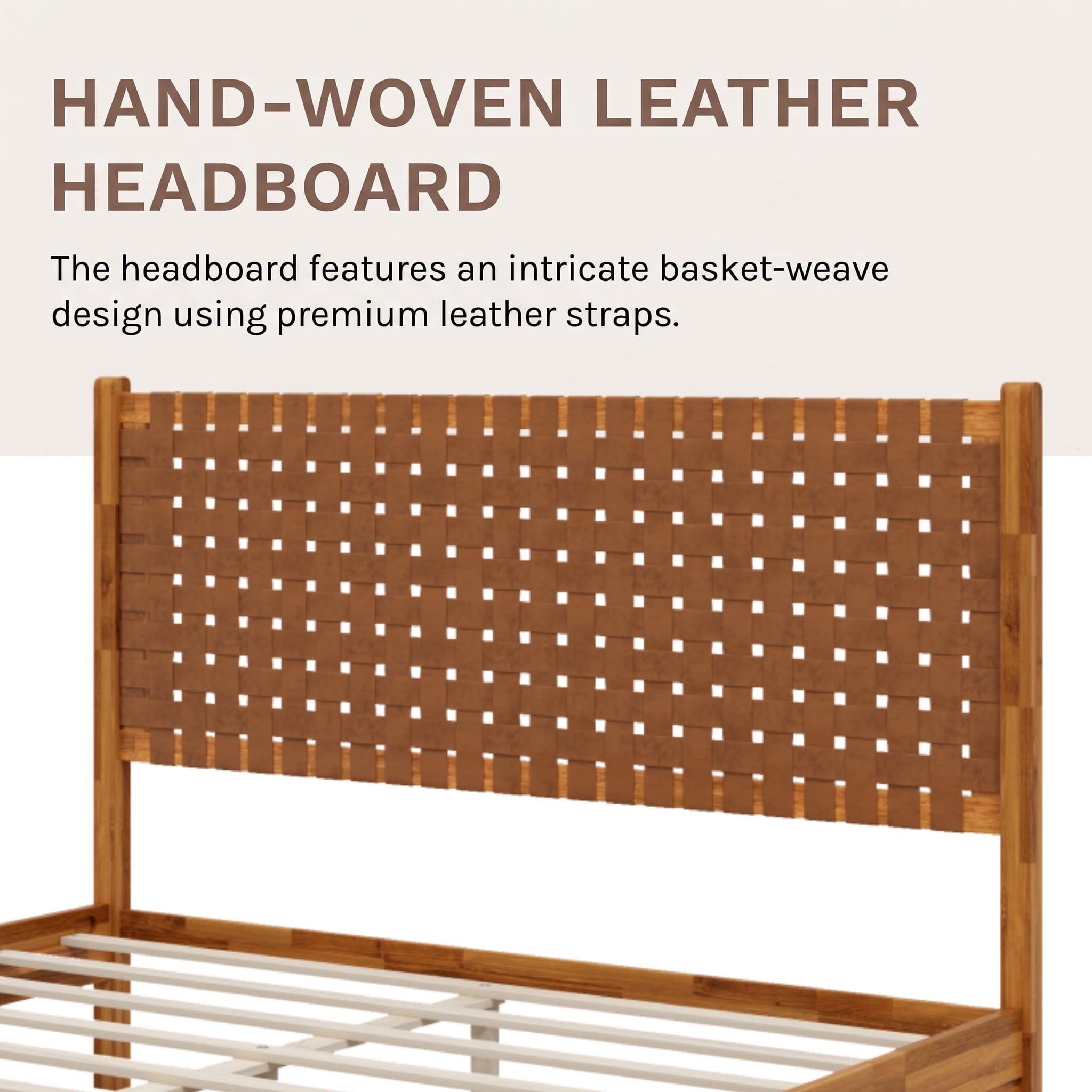 Euroco Solid Acacia Wood King Size Platform Bed, Mid-Century Modern Style Bed with Hand-Woven Vegan Leather Headboard, No Box Spring Needed, Caremel