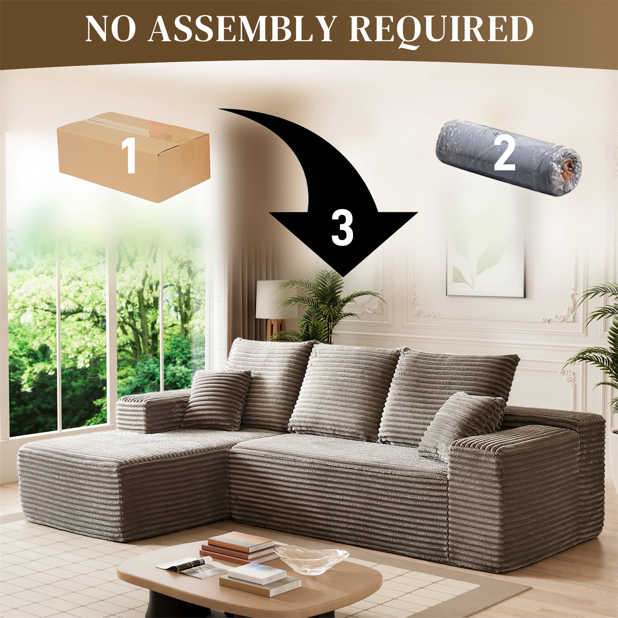 Aukfa 108" Cloud Sectional Sofa Deep Seat Boneless Couch Modular L-Shaped Couch, Left Chaise Corduroy Sofa for Living Room, Brown