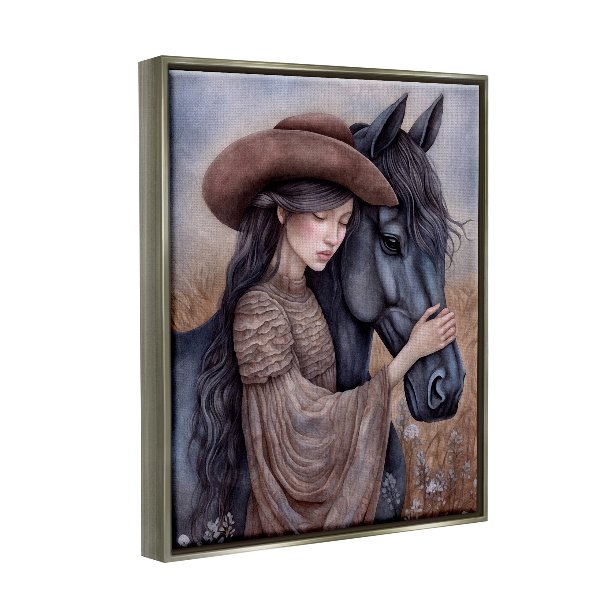 Stupell Industries Girl with Black Stallion Animals & Insects Painting Gray Floater Framed Canvas Art Print Wall Art, 17 x 21