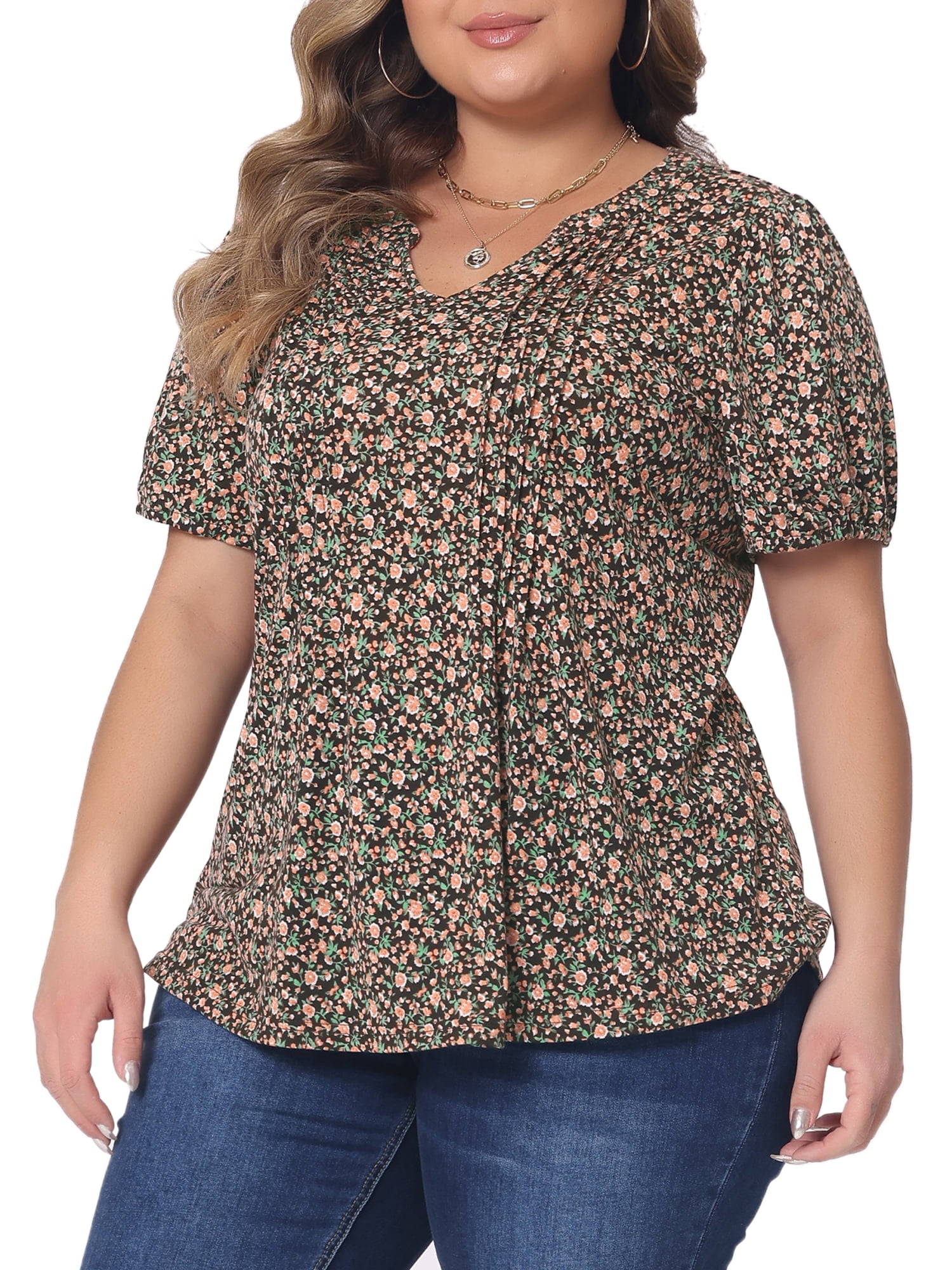 Women's Plus Short Sleeve Pleated T-Shirts Notched V Neck Floral Tops 2X Brown