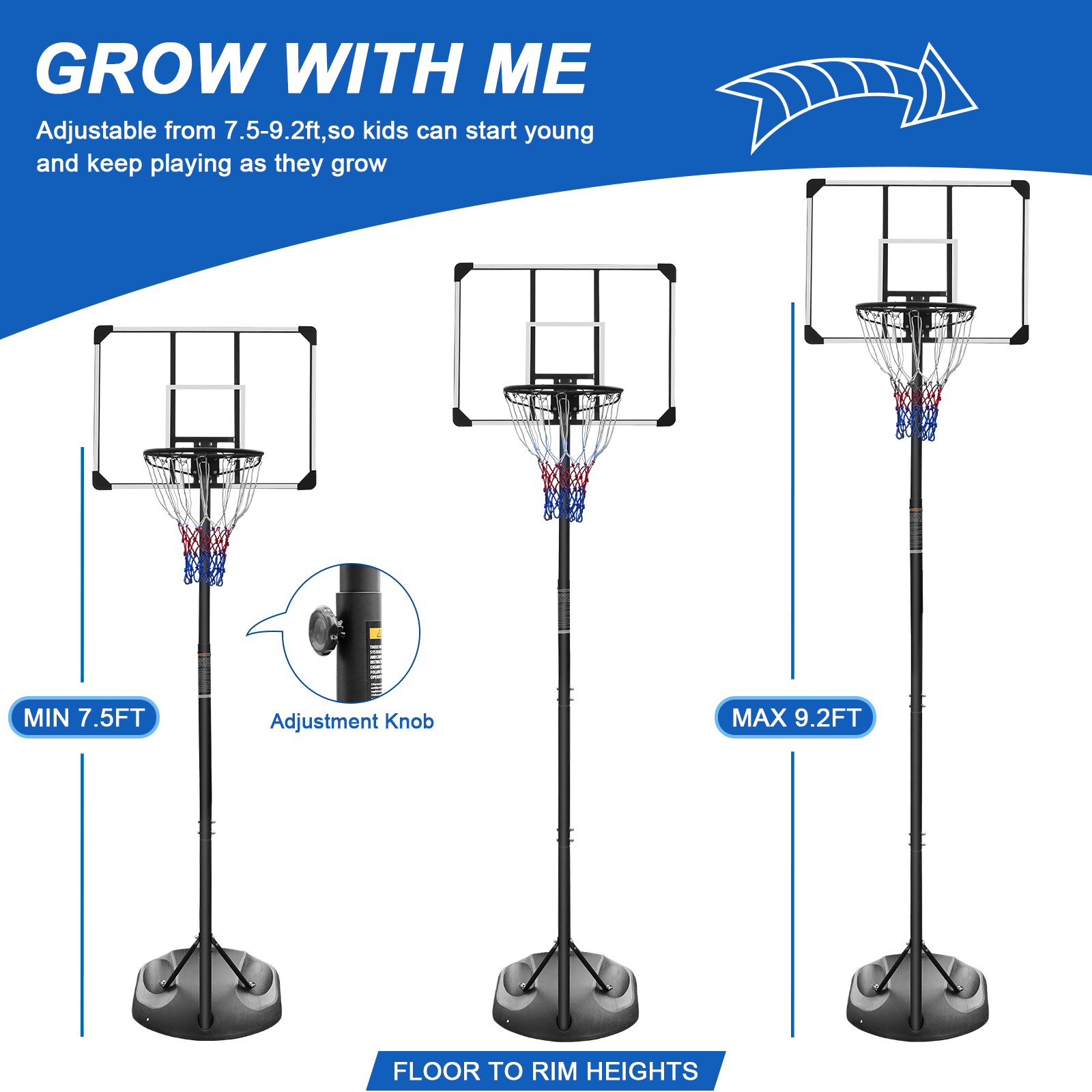 Alvantor Portable Basketball System Height Adjustable 7.5ft - 9.2ft with Wheels for Outdoor/Indoor White