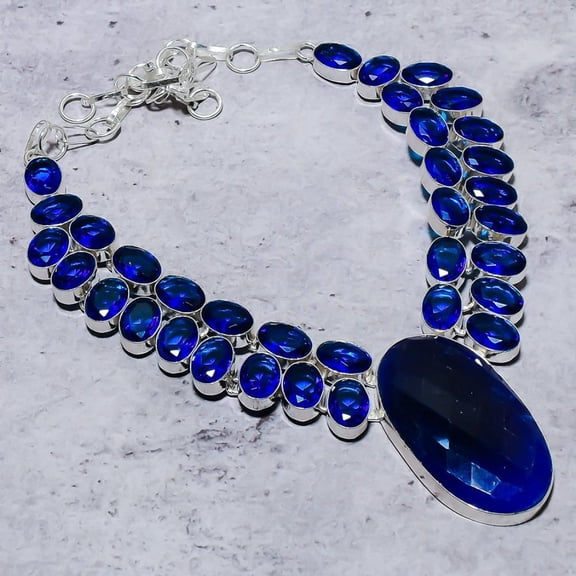Sapphire(Simulated) Blue Topaz 925 Sterling Silver Jewelry Necklace 18"