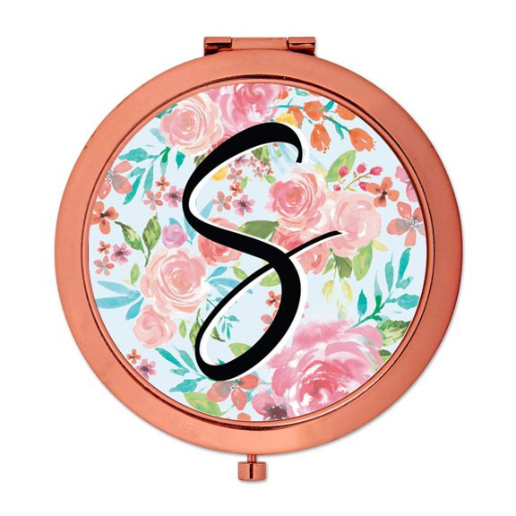 Koyal Wholesale Compact Mirror Bridesmaid's Wedding Gift, Rose Gold, Monogram Letter S, Tea Party Pink Floral Flowers