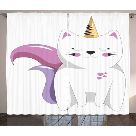 - Unicorn Cat Curtains 2 Panels Set, Fictitious Horned Character with Cute Face Expression Girls Kids, Window Drapes for Living Room Bedroom, 108W X 90L Inches, Pale Pink Orange Lilac, by Ambesonne