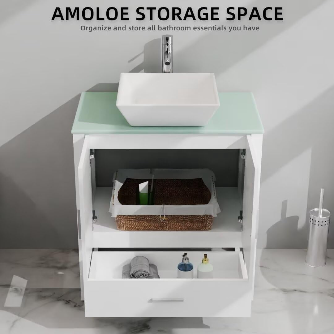 Goodyo 30" White Bathroom Vanity and Sink Combo MDF Wood Glass Top Heighten Cabinet w/Mirror Faucet and Drain