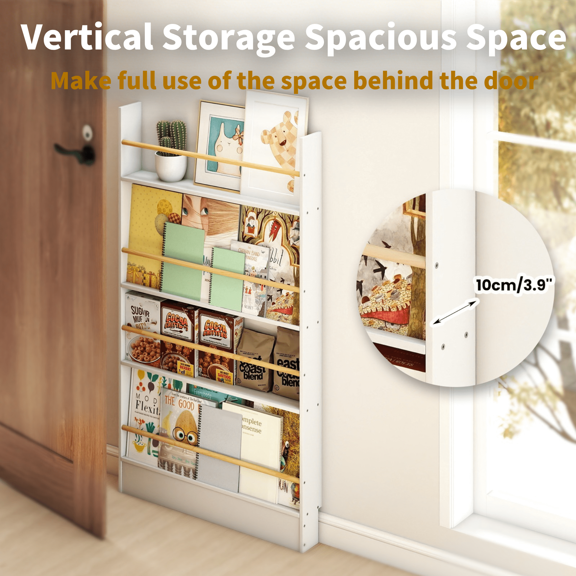 VGBYUJ Behind Doors Bookshelf, 4 Tier Wall Mount Boookcases, Thin Bookshelf for Narrow Space, Solid Wood, White