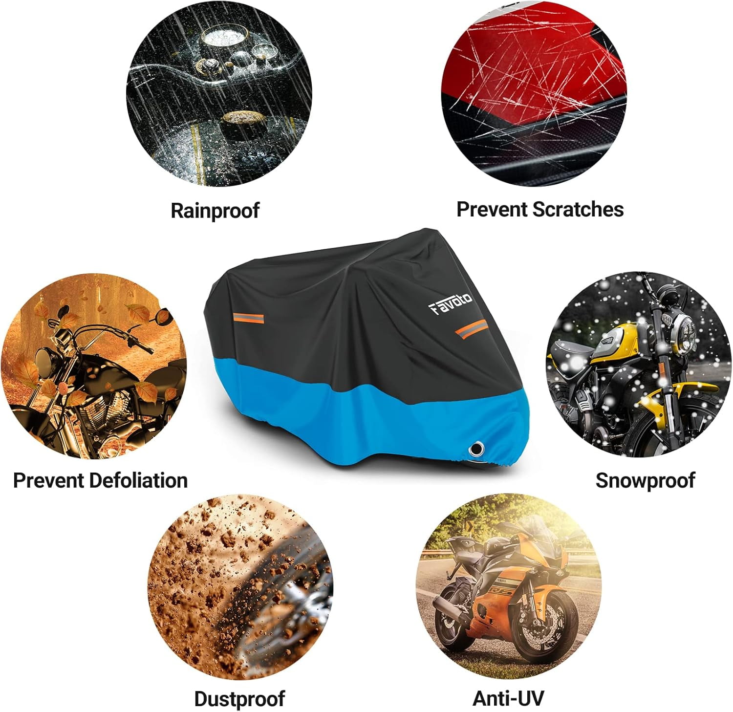 Favoto Motorcycle Cover Waterproof Outdoor 96.5 inches Length All Season Universal Fit Rain Sun Dust Protection Night Reflective with Lock-Holes & Storage Bag Motorbike Powersports Vehicle Cover