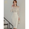 thumbnail image 1 of H Han Queen-vestido de tubo de encaje con cuello oblicuo para mujer, vestido ajustado de verano, Vestidos de fiesta de oficina OL, vestido Sexy elegante, gran oferta, 1 of 4