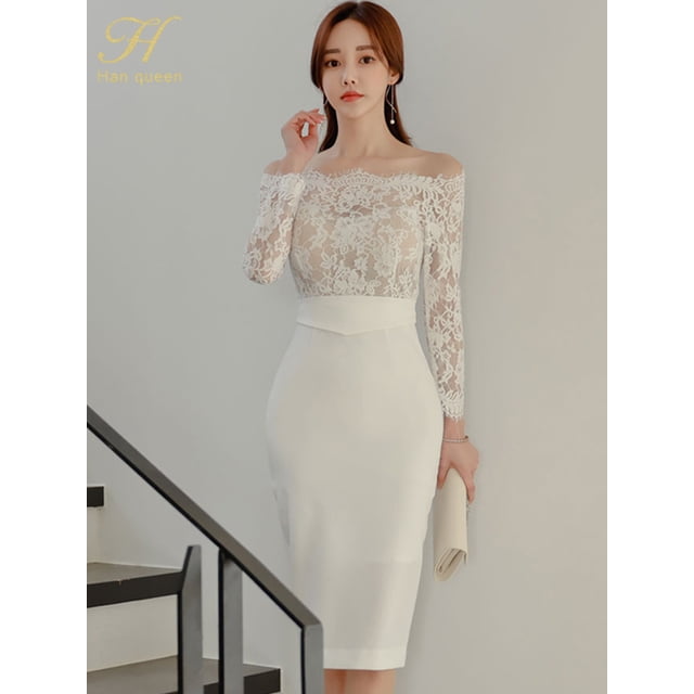 H Han Queen-vestido de tubo de encaje con cuello oblicuo para mujer, vestido ajustado de verano, Vestidos de fiesta de oficina OL, vestido Sexy elegante, gran oferta