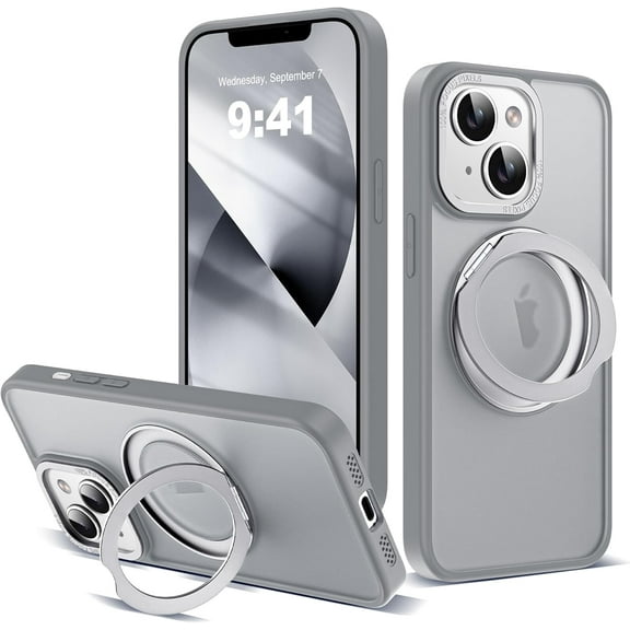 Designed for iPhone 13 Case & iPhone 14 Case with 360° Rotatable & Invisible Magnetic Ring Stand [Compatible with Magsafe] Translucent iPhone 13&14 Phone Case 6.1", Titanium Grey