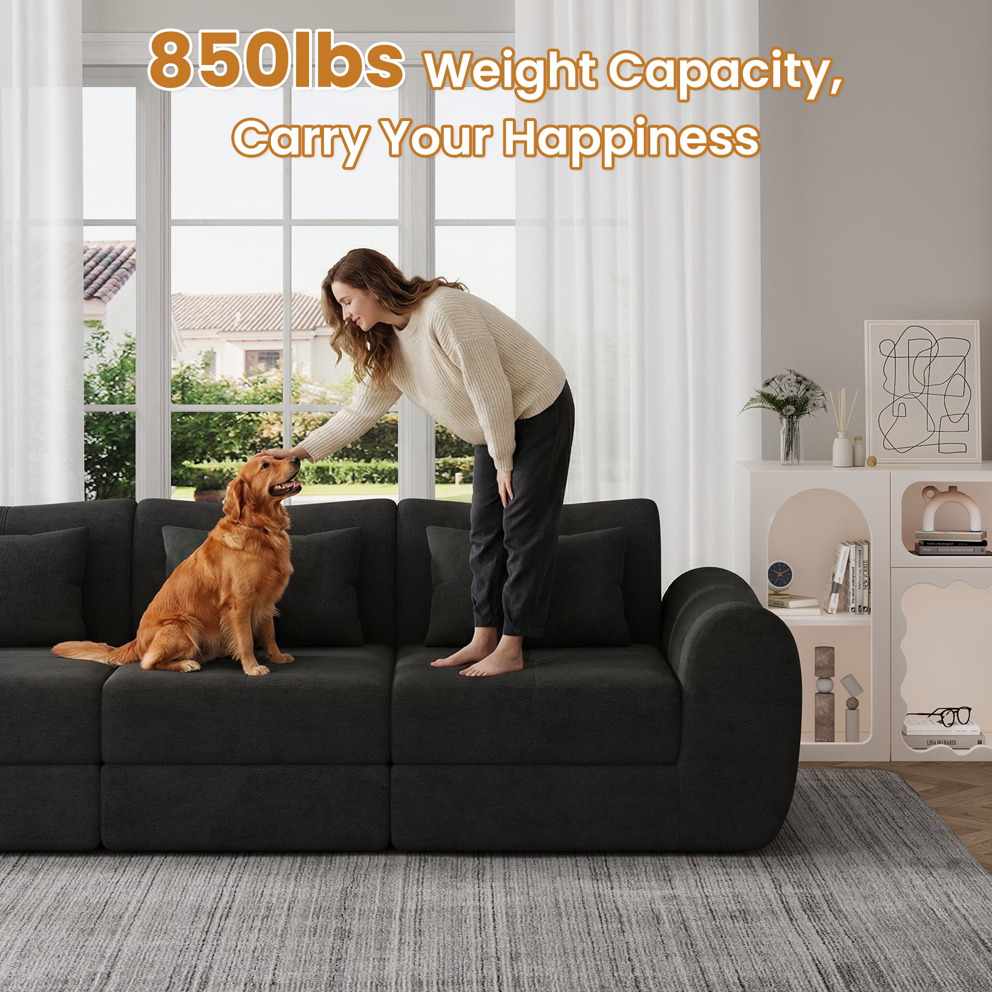 102" Modular Sectional Sofa with Chaise, 4-in-1 Modern Boneless Couch, 3 Seater Sofa with Extra Deep Seats, Folding Convertible Sofa Bed,Suitable for Living Room,Bedroom and Recreation Room (Black)