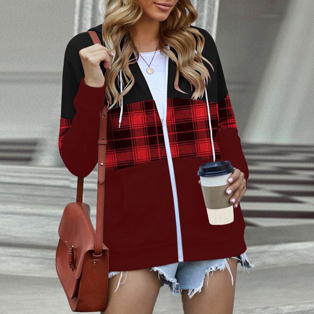 Puntoco mujeres Casual manga larga bolsillo suelto estampado cremallera medio y largo tops sudaderas con capucha blusa de mujer Puntoco Puntoco-838