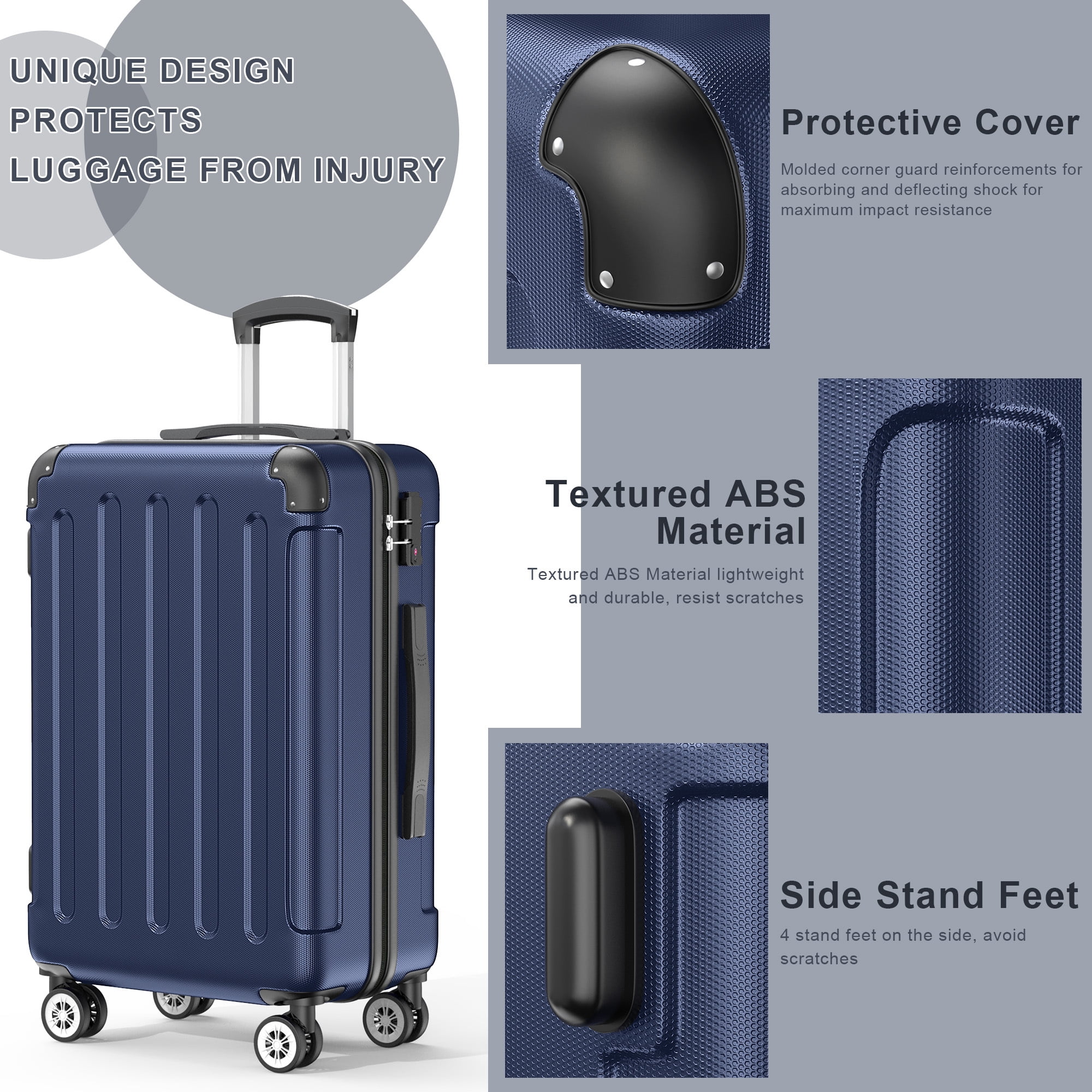 Sunbee 3 Piece Luggage Sets Hardshell Lightweight Suitcase with TSA Lock Spinner Wheels, Deep Blue