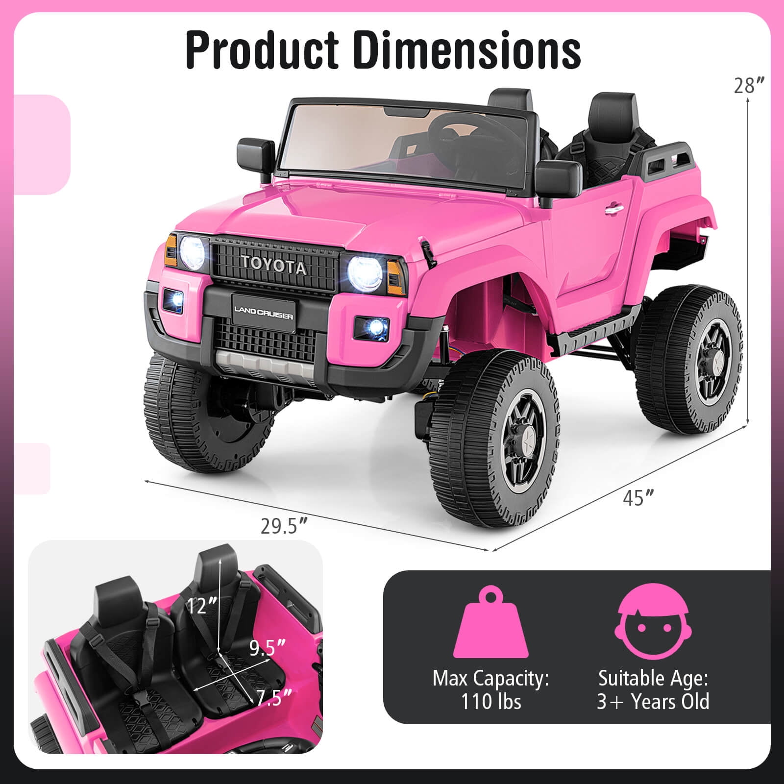 Costway 24V 2 Seater Ride on Car for Kids Licensed Toyota LC250 Ride on Truck with Remote Pink