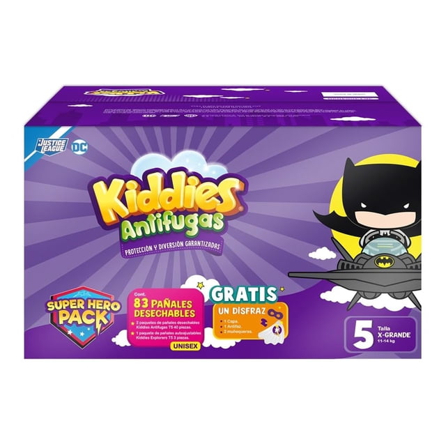 Pañales Kiddies Justice Leage Antifugas Super Hero Pack + Disfraz