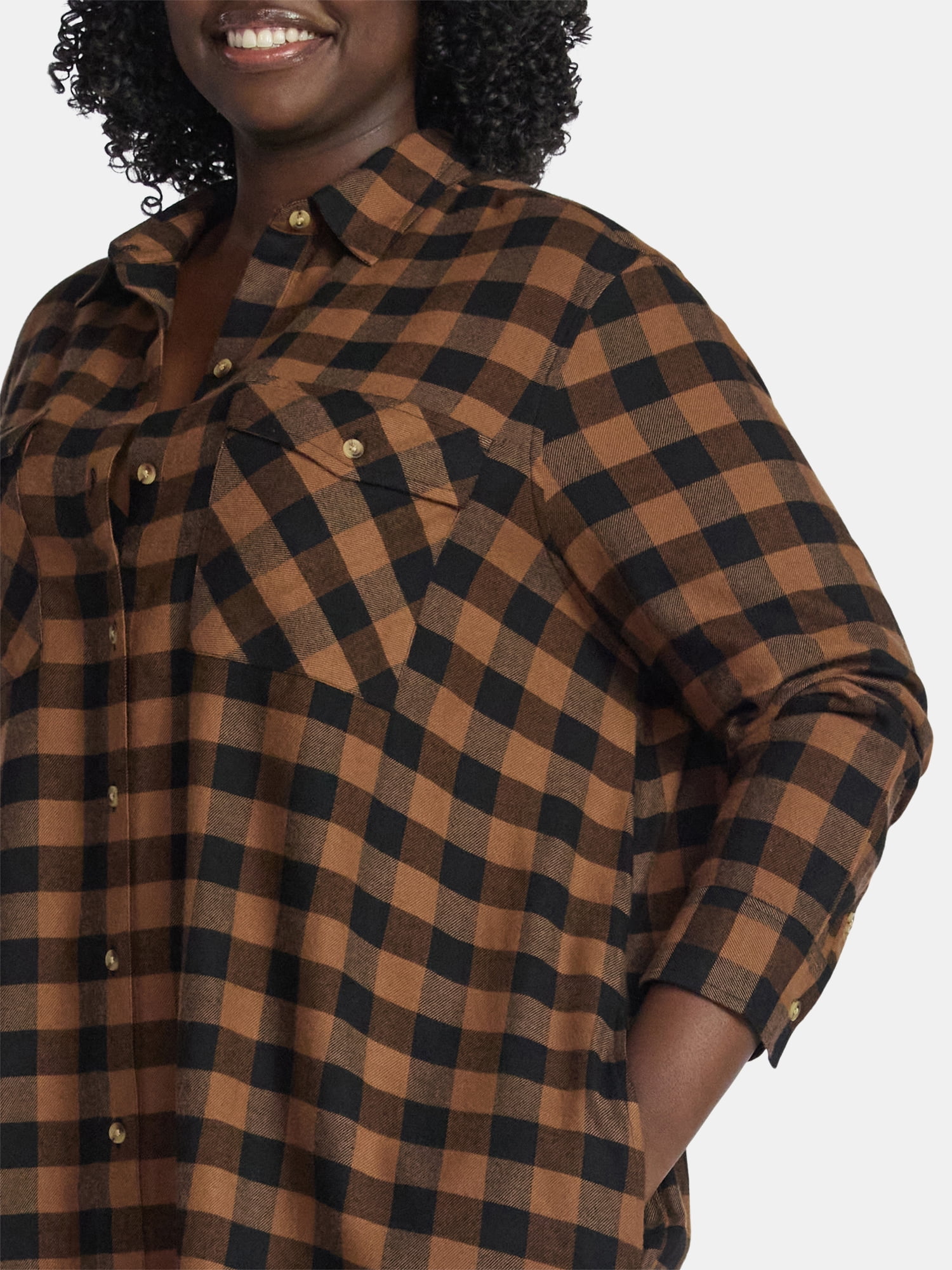 Terra & Sky Women's Plus Cotton Plaid Oversized Shirtdress, Sizes 0X-5X