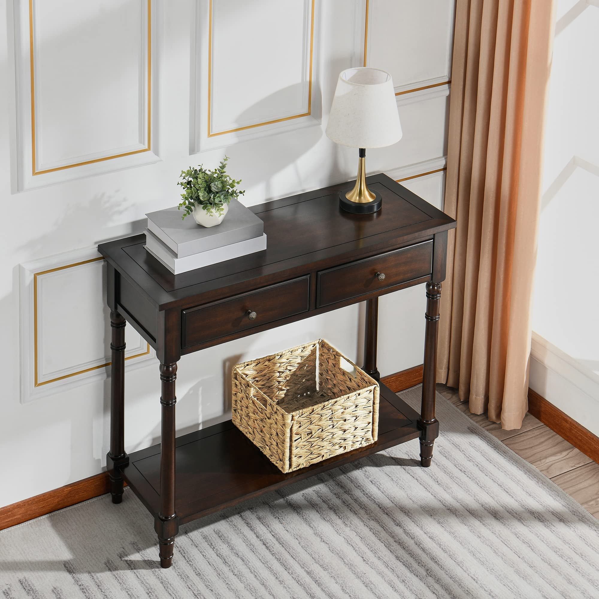 JESONVID Solid Wood Console Table with 2 Drawers, 2-Tier 35.4" X 30" Accent Sofa Table with Multilayer Storage Shelf Rustic Hall Entryway Tables for Living Room Home Office-Walnut