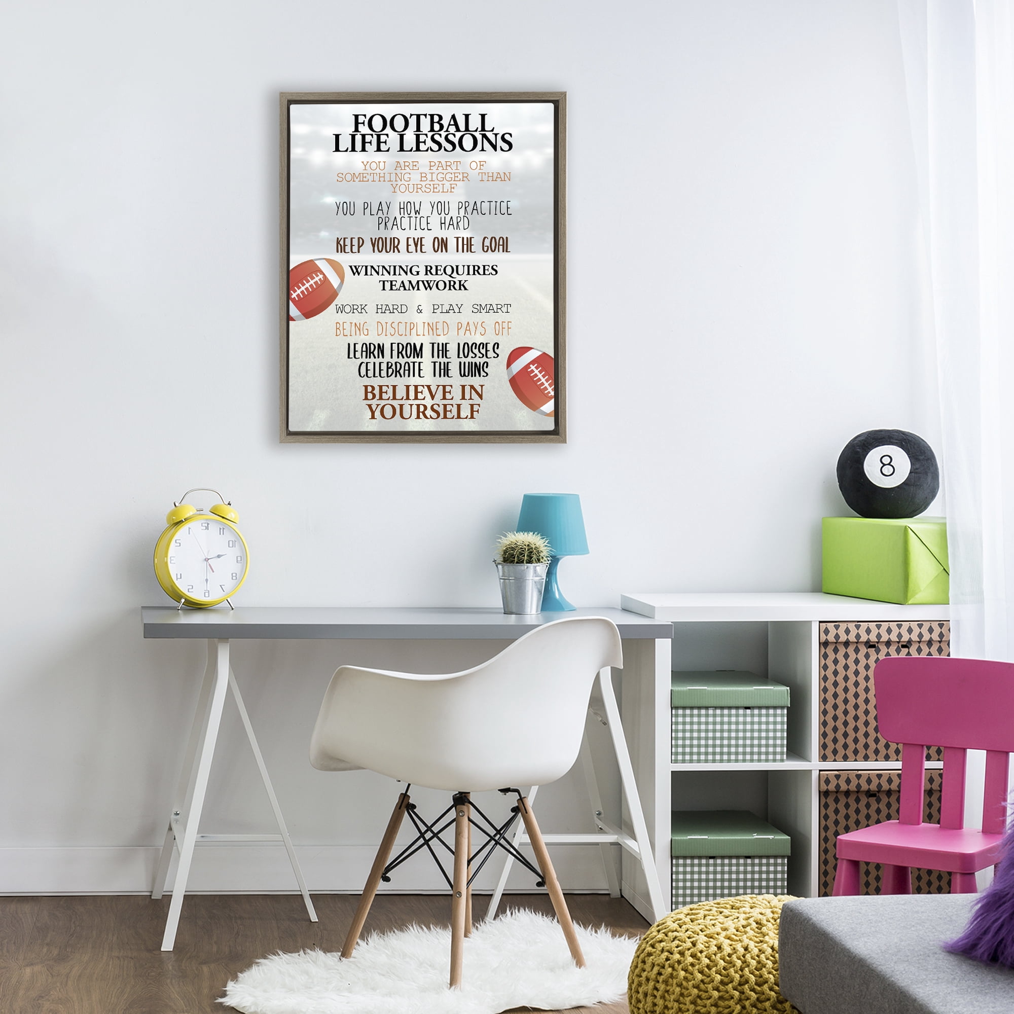 Football Life Lessons Brown Framed Floater Canvas Wall Art, design by Kim Allen