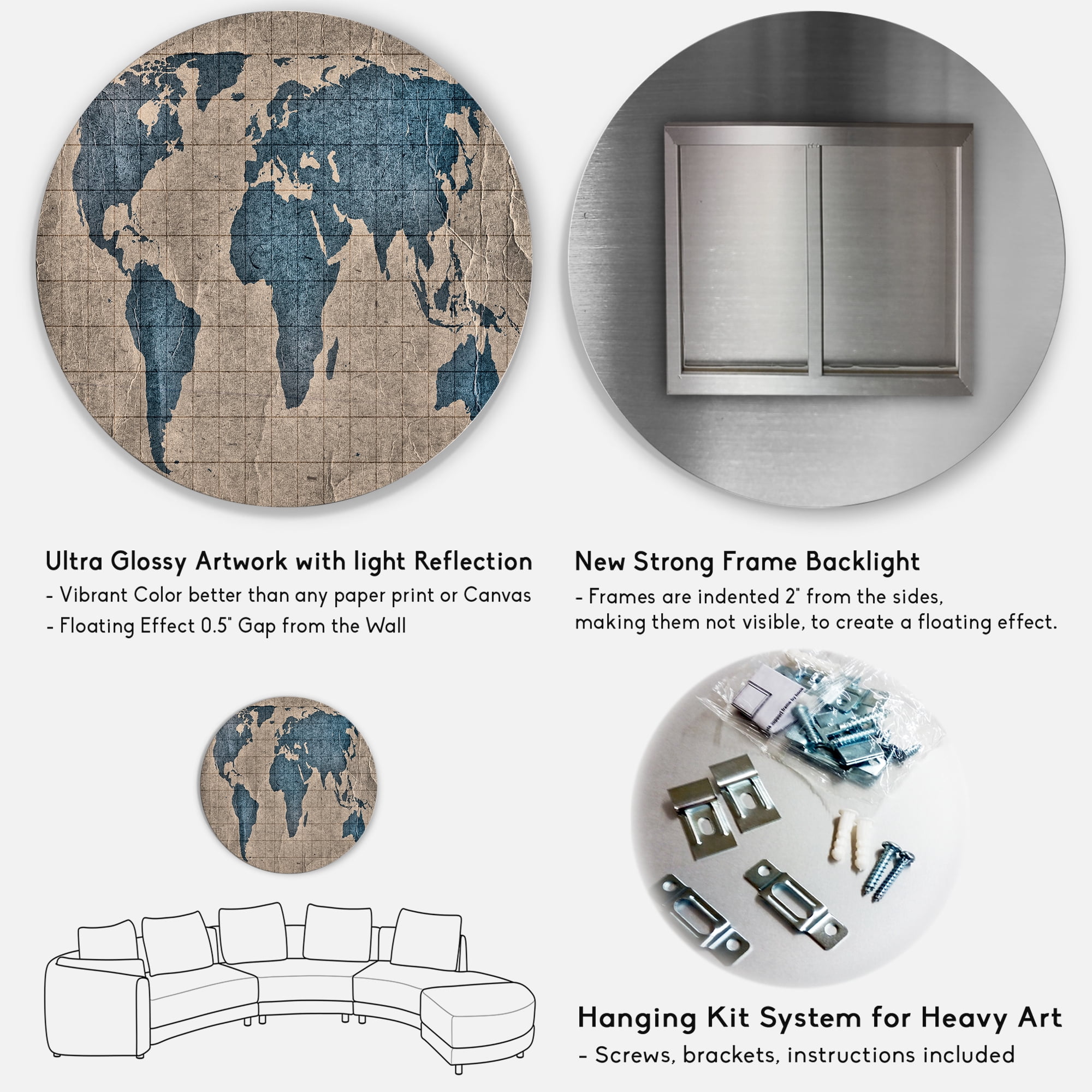 Designart 'Ancient World Map I' Rustic Circle Metal Wall Art 29x29 - Disc of 29
