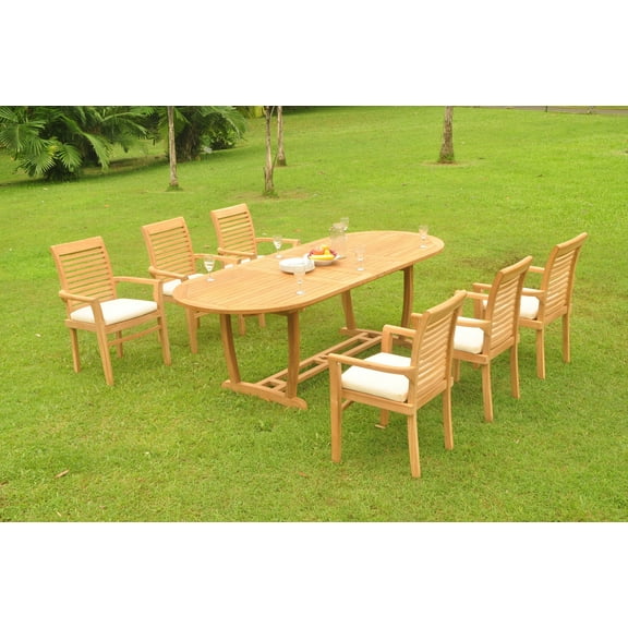 Grade-A Teak Dining Set: 6 Seater 7 Pc: 94" Mas Oval Trestle Leg Table And 6 Mas Stacking Arm Chairs Outdoor Patio WholesaleTeak #WMDSMS26
