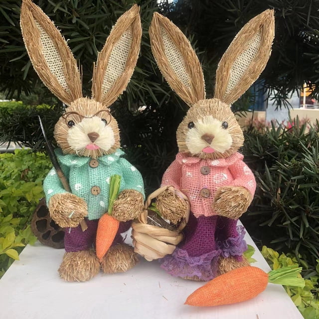 Par de conejos de paja de 35 cm, bonitos adornos de estilo retro, estilo Mori, decoración para el hogar, escenario, tienda, estilo pastoral