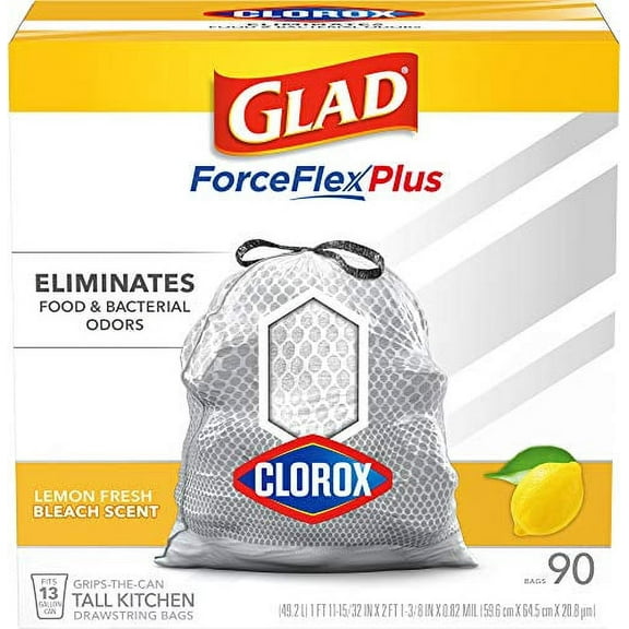 Glad Trash Bags ForceFlex Plus with Clorox, 13 Gallon, Lemon Fresh Bleach Scent, White and Gray, 90 Count