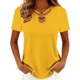 thumbnail image 3 of Craaazy Women Fashion Tops Loose Fit Solid Color Round Neck Ring Detail Short Sleeve Curved Hem Tops for Daily Wear Gift, 3 of 6