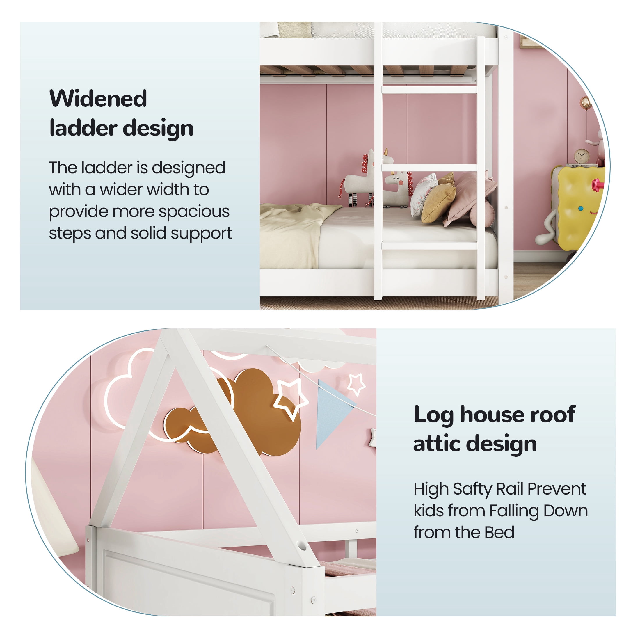 Aukfa Heavy Duty Junior House Bunk Bed with Full-Length Guardrail, Twin Over Twin Bunk Bed Frame, White