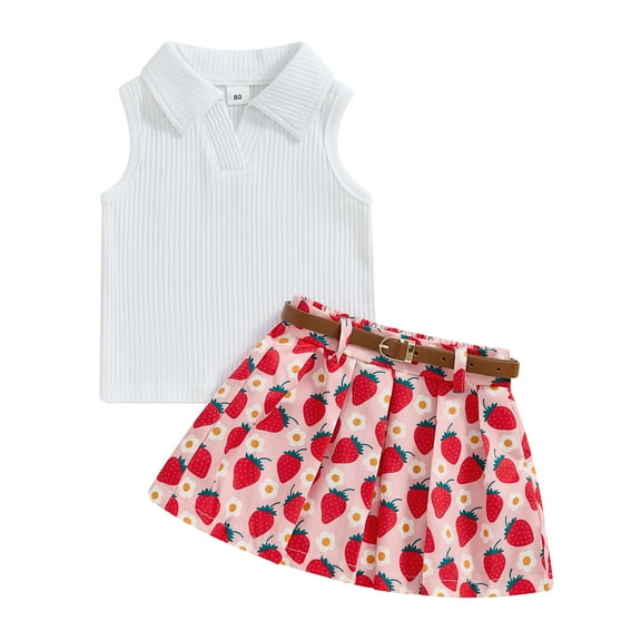 Musuos Little Girl Summer Skirt Set, 6M - 4T Lapel Neck Ribbed Tank Tops Strawberry Print Pleated Mini Skirt with Belt