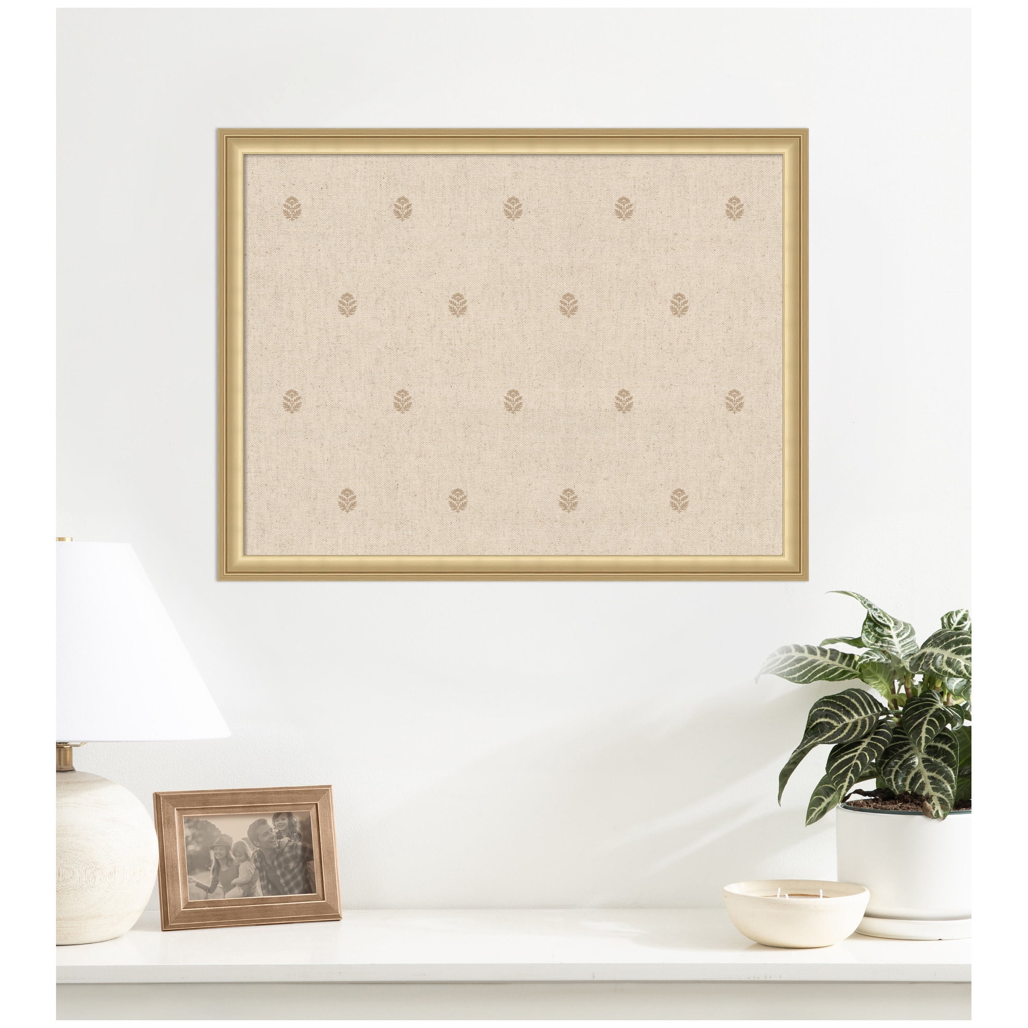 Kate and Laurel Framed Fabric Pinboard 26 x 20, Beige Botanical Block Print Printed Linen Classic Bulletin Board for Use as a Vision Board or Wall Organization, Florence Gold Frame