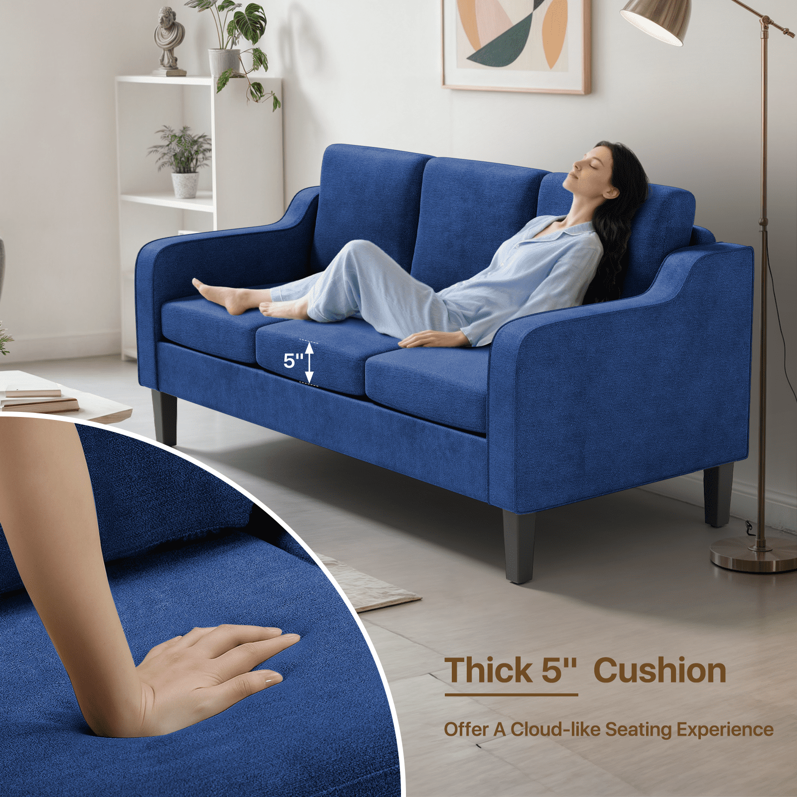 MoNiBloom 64" Apartment Sofa for Small Spaces | Modern 3-Seater Couch with Removable Cushions & Wooden Legs | Compact Living Room, Bedroom Furniture, Navy Blue