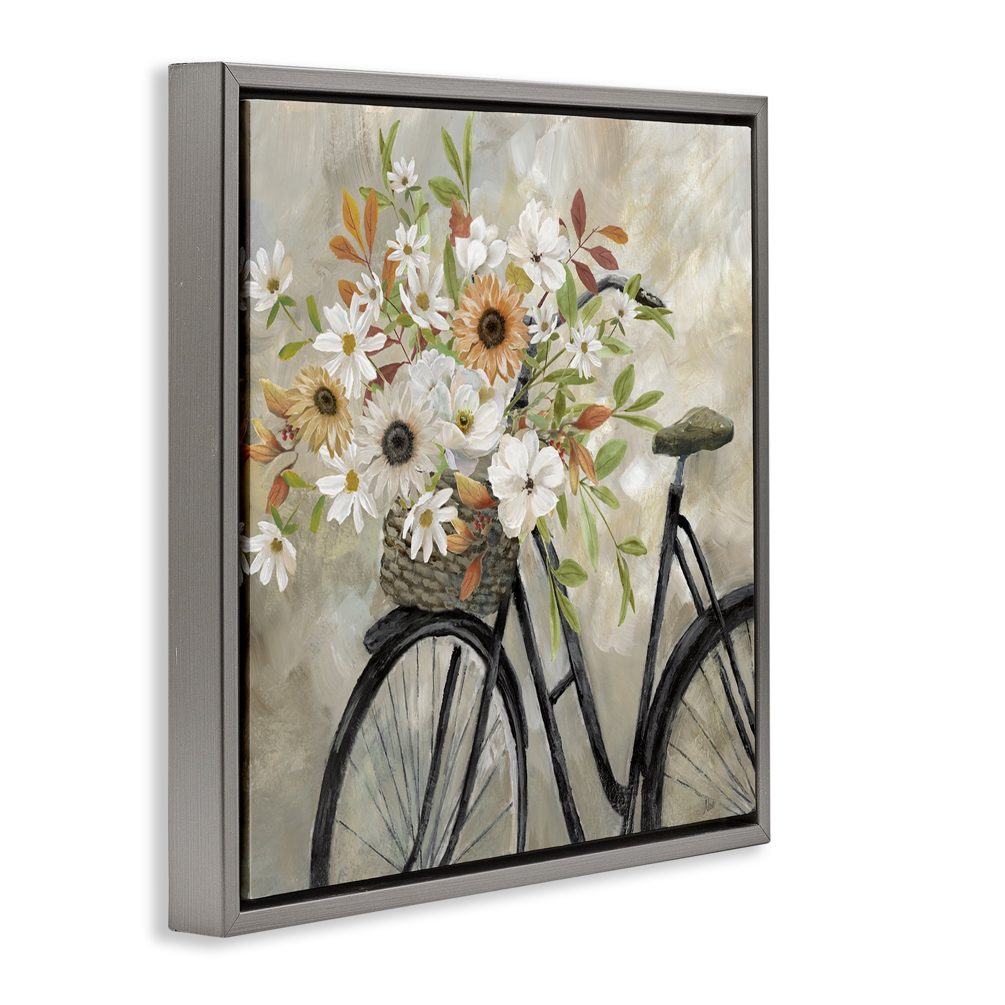 Stupell Industries Country Floral Bicycle Plants & Flowers Painting Gray Floater Framed Canvas Art Print Wall Art, 18 x 18