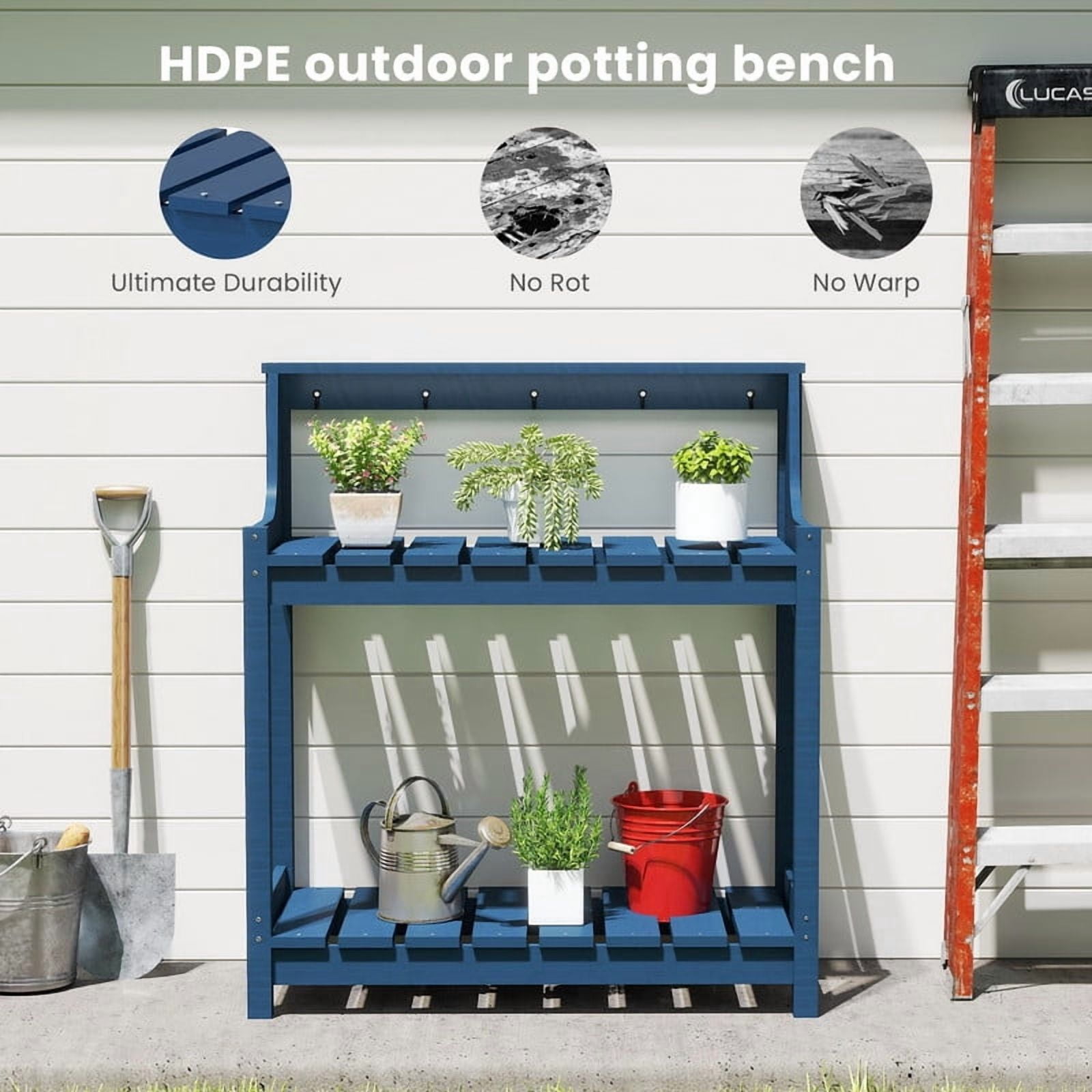 Howcool HDPE Outdoor Potting Bench with Storage & Hooks, 3-Tier Heavy-Duty Garden Workstation Table, All-Weather Potting Table for Patio & Backyard, Blue