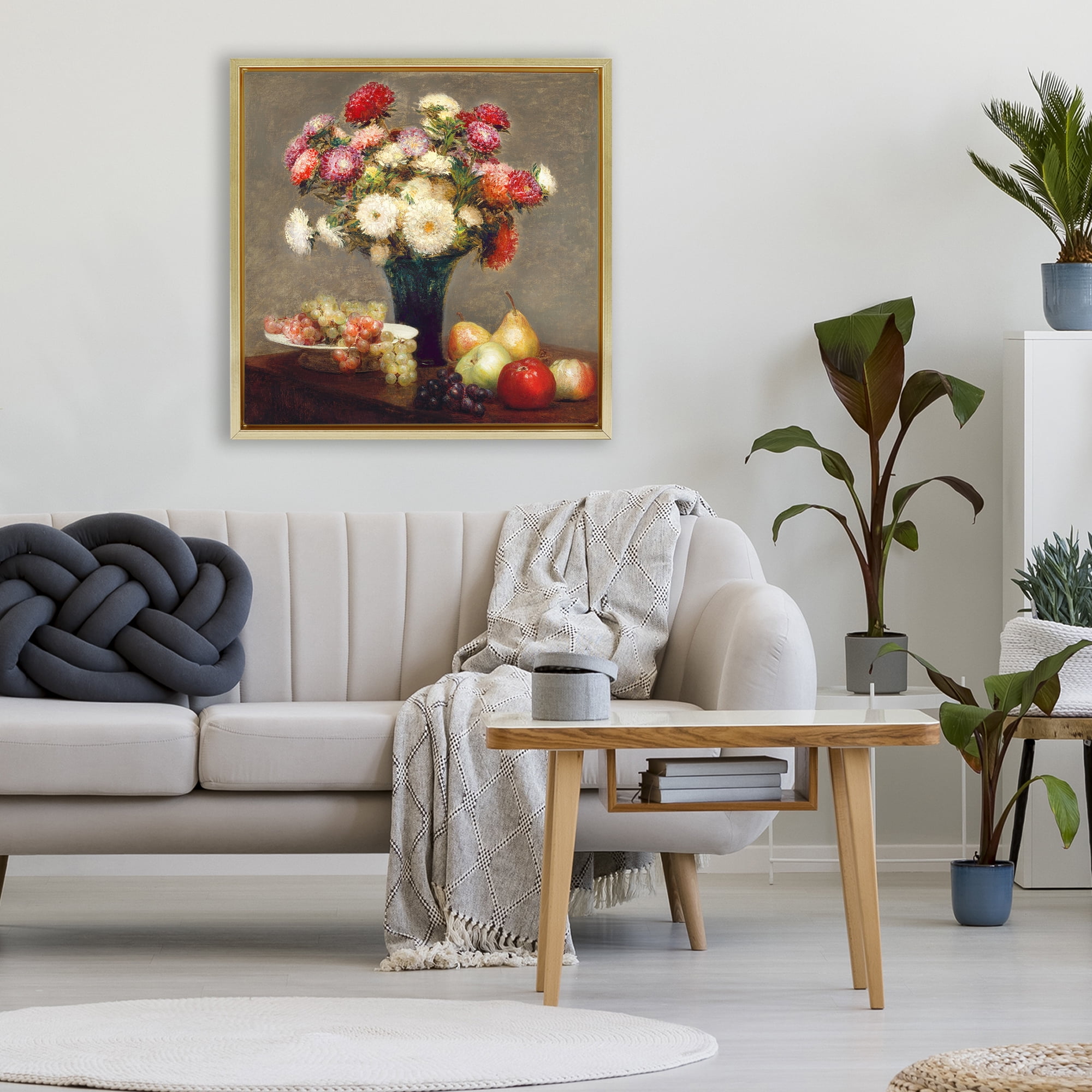 Stupell Industries Fruit & Asters Still Life Gold Framed Floater Canvas Wall Art, design by CAD Designs