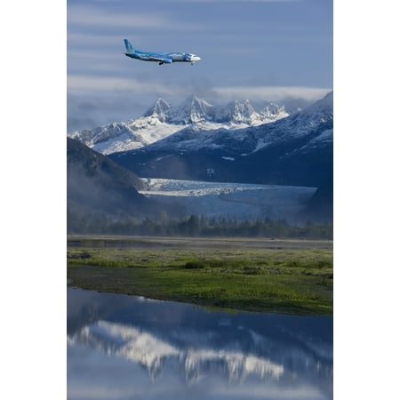 Alaska Airlines Disney Jet Approaches For A Landing At The Juneau International Airport With Mendenhall Glacier And Towers In The Background PosterPrint