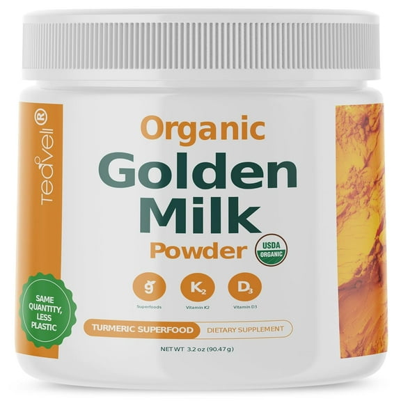 Organic Golden Milk Powder with Vitamin D3 & K2, Turmeric , Ginger , KSM66 Ashwagandha and Nine Superfoods – Dairy Free Turmeric Tea Latte – Supports Restful Sleep, Healthy Bones , Muscles & Immune