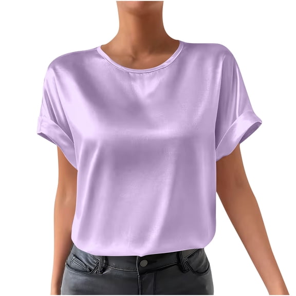 Kukoosong Women's T-Shirt Soft Fitted Elastic Tees, Women Casual Fashion Solid Color V-Neck Satin Top