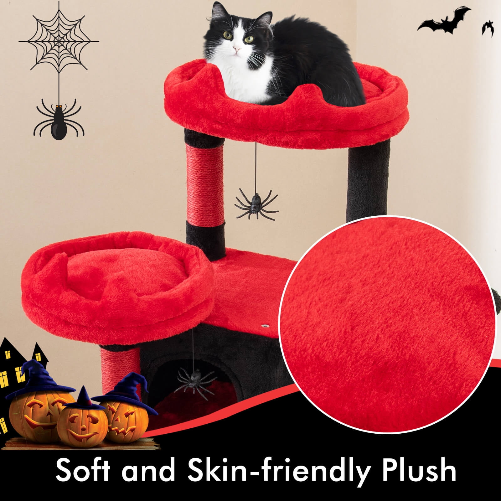 Costway Gothic Cat Tree for Indoor Cats with 2 Cat Condos & 2 Plush Perches, Dangling Balls