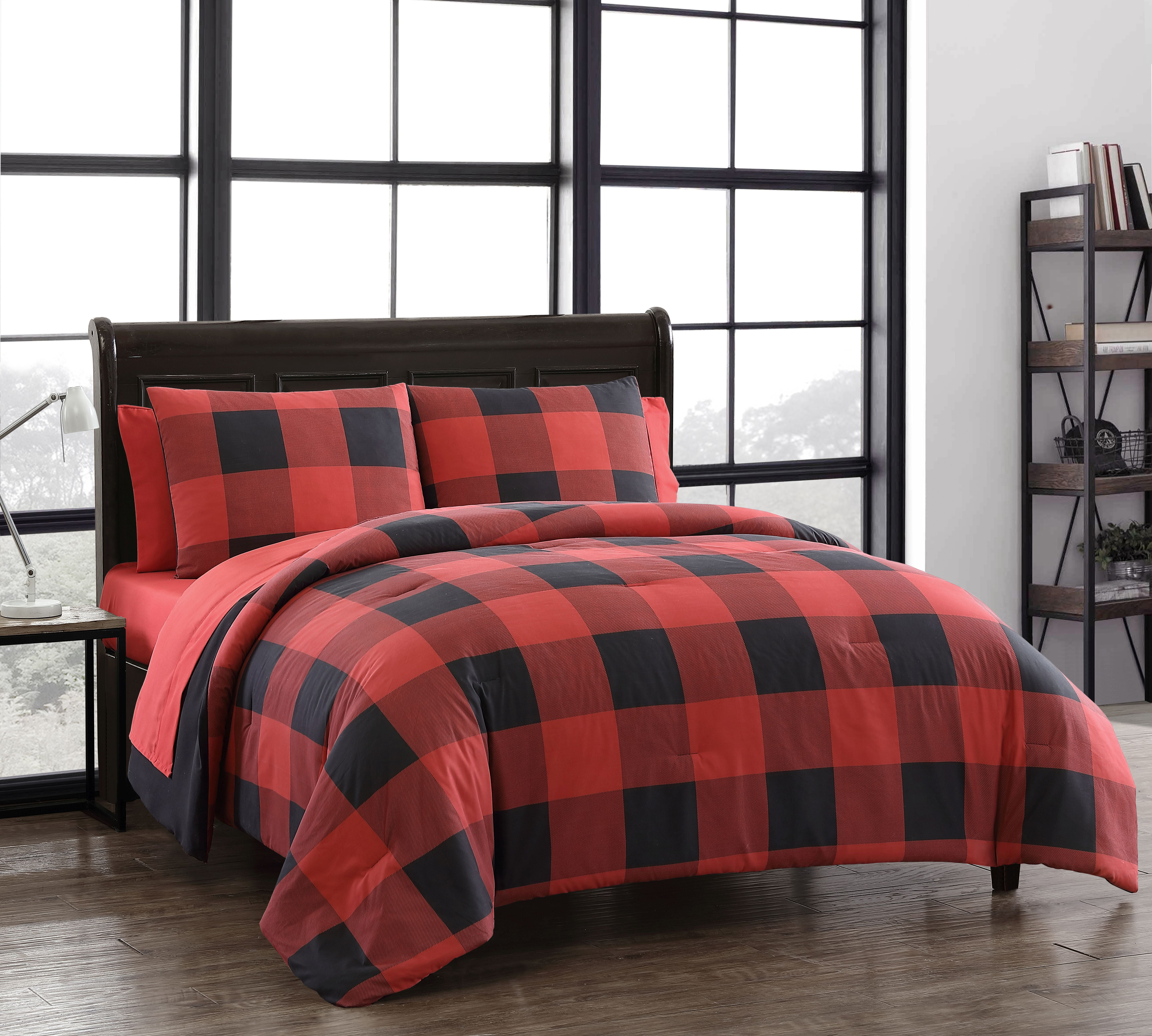 Buffalo Plaid Red 4 pc Queen Sheets and Pillow Cases Set Bear Country Microfiber