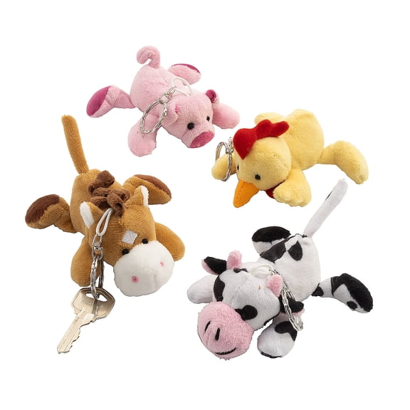 Fun Express 4 3/4" Mini Farm Animal Stuffed Characters Keychain Assortment - 12 Pieces