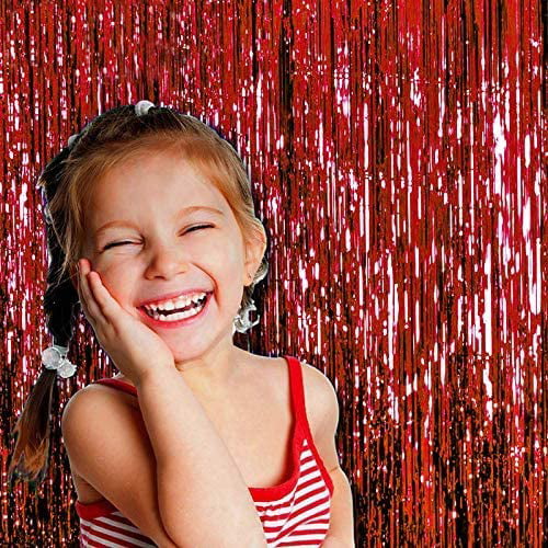 2 Pcs Red Metallic Tinsel Foil Fringe Curtains Backdrop, 3.28 ft x 6.56 ft  Streamers for Birthday Wedding Engagement Bachelorette Party Photo Booth