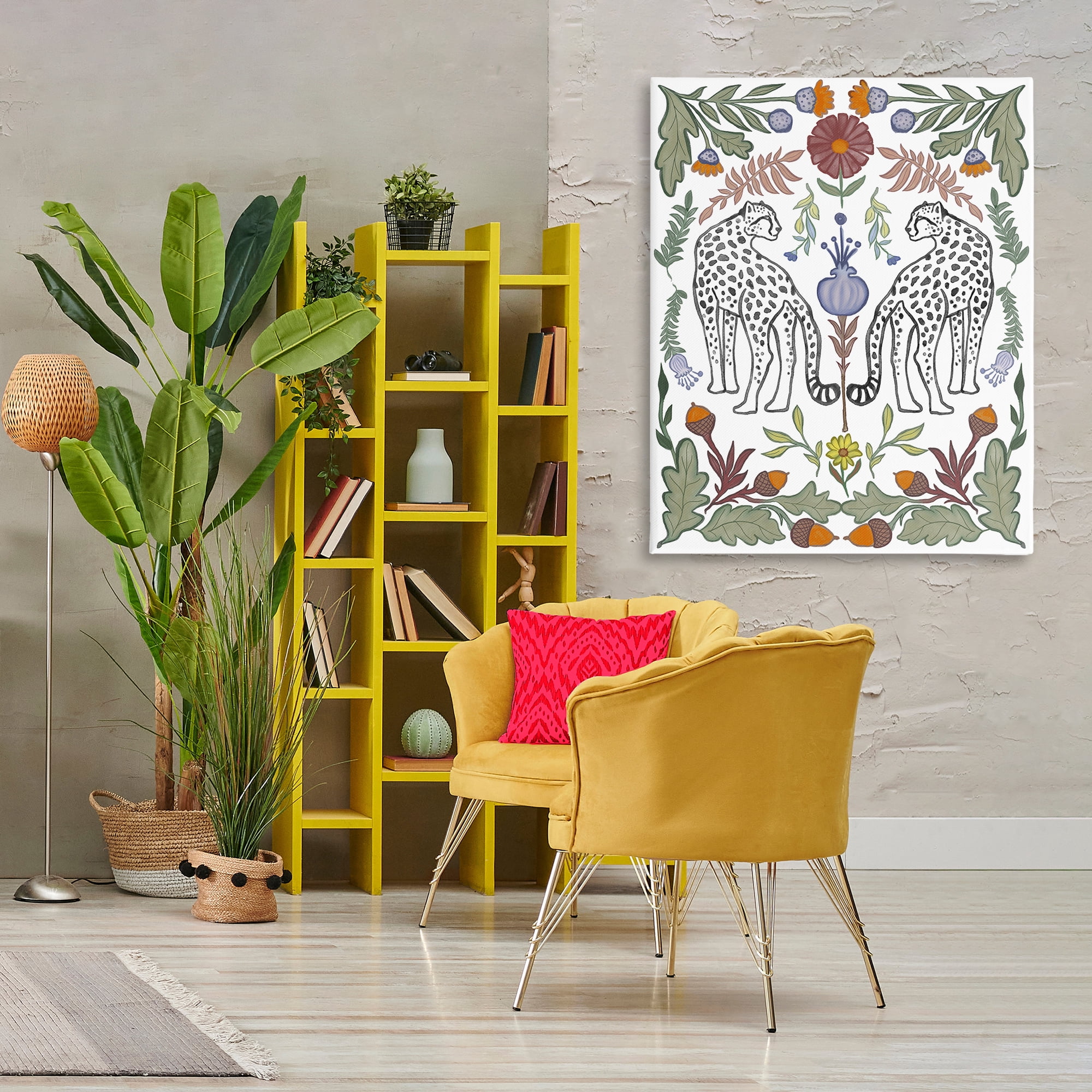 Stupell Industries Mirrored Plants with Leopards Animals Painting Wrapped Canvas Art Print Wall Art, 36 x 48